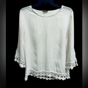 Bellambra Linen 3/4 Sleeve Crochet Lace Trim Top Lagenlook Boho Beachy Size S